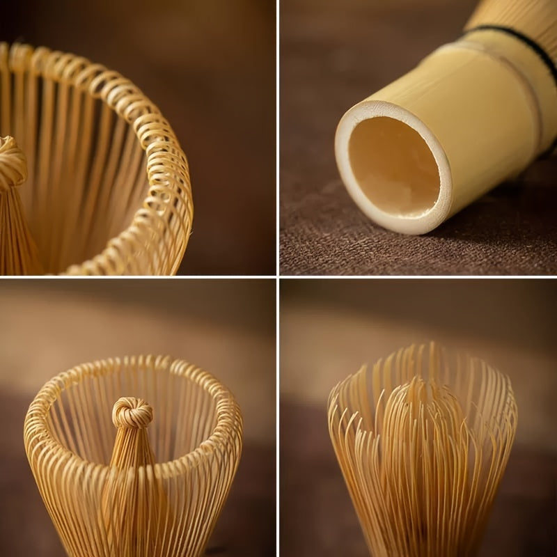 Collage of a bamboo whisk with different angles on a brown background
