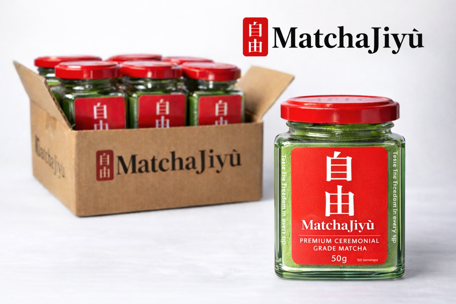 Bulk and retail packaging of MatchaJiyu premium ceremonial grade matcha powder 50g