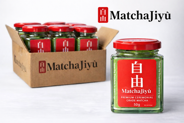 Bulk and retail packaging of MatchaJiyu premium ceremonial grade matcha powder 50g