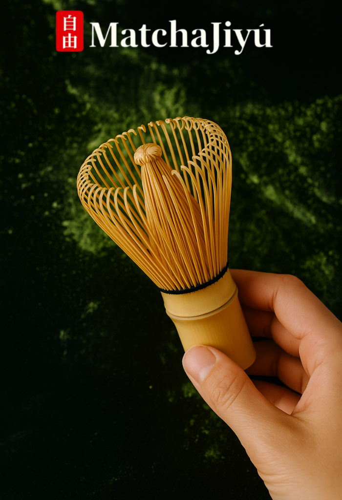 Hand holding a wooden tea whisk against a dark green background with 'MatchaJiyu' branding.