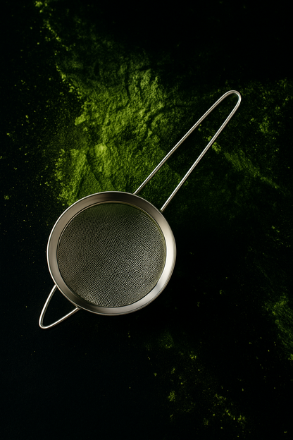 Metal strainer on a dark green background