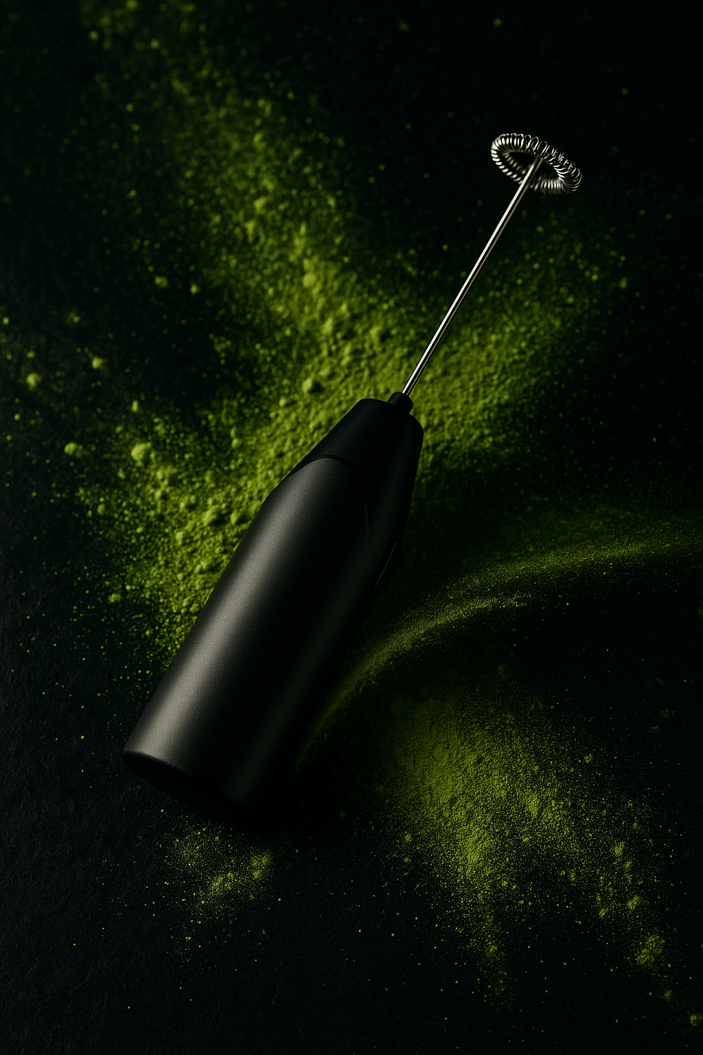 Black milk frother with green powder on a dark background