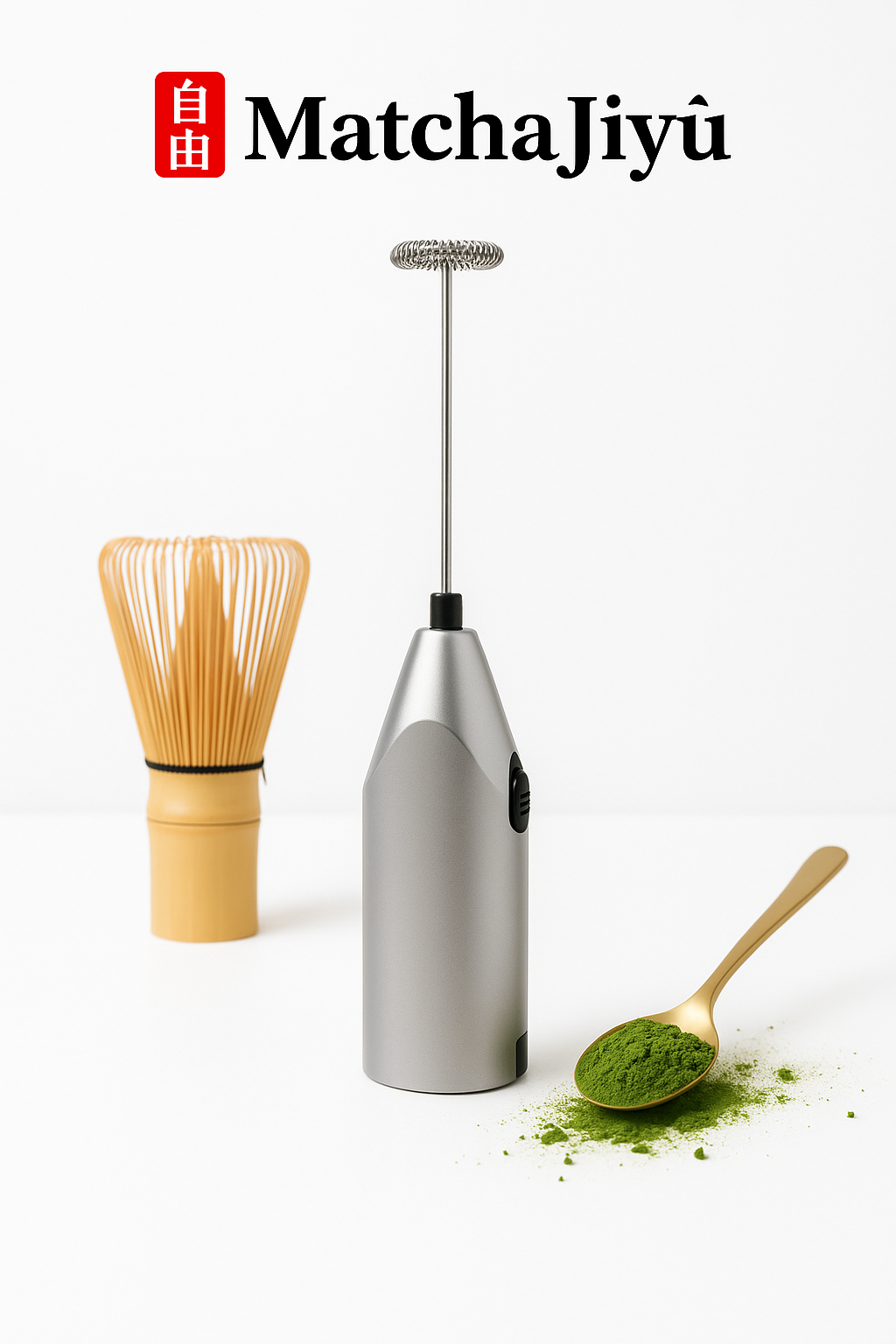 MatchaJIyu whisk, milk frother, and wooden spoon with matcha powder on a white background.