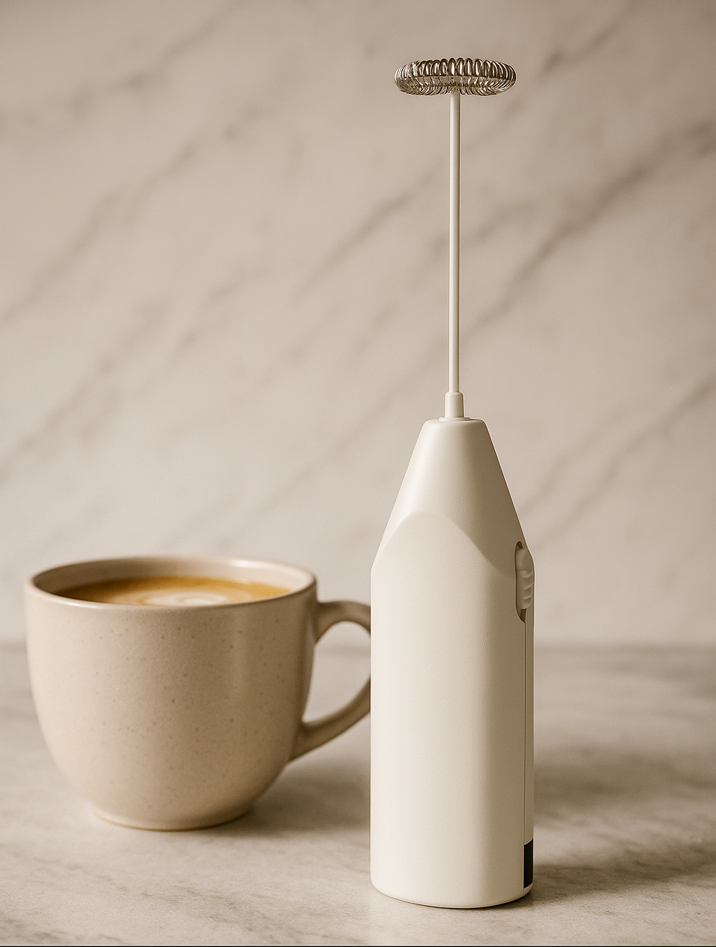 White milk frother next to a cup of coffee on a neutral background