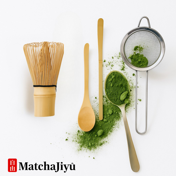Matcha preparation tools including a whisk, spoon, and sieve on a white background with MatchaJiyõ branding.
