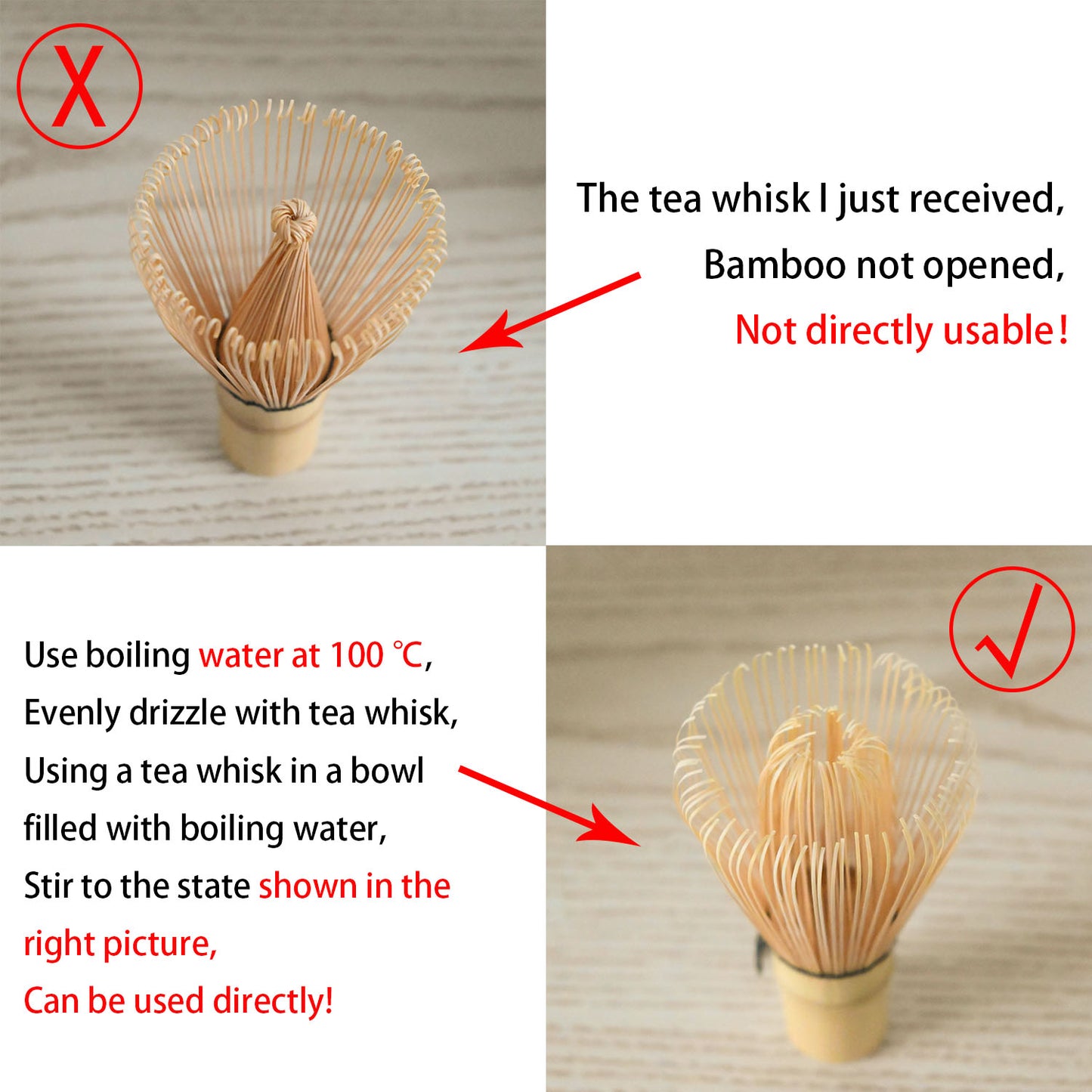Comparison of a used and unused bamboo tea whisk with instructions on proper use.