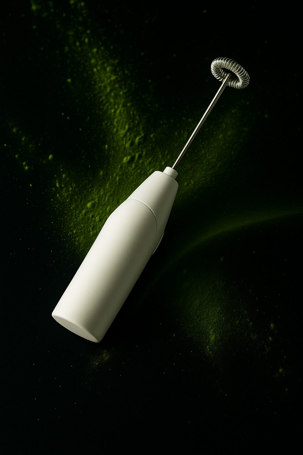 White handheld milk frother on a dark background