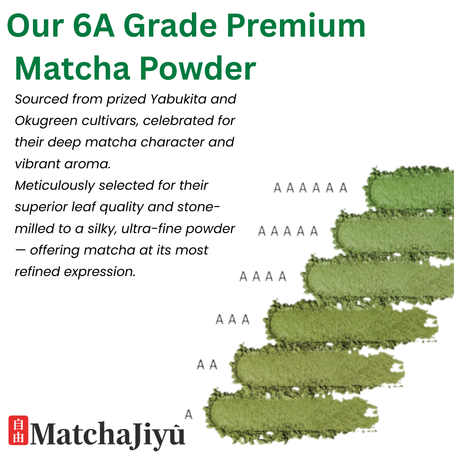 Advertisement for 6A Grade Premium Matcha Powder with green powder and branding.